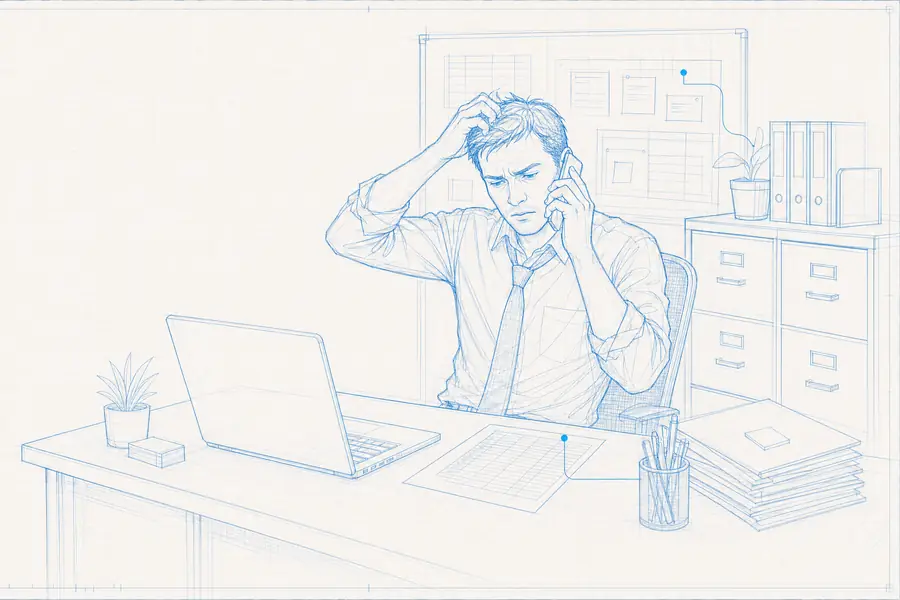 Zeichnung im Blaupausen-Stil: Ein Mann telefoniert und kratzt sich ratlos am Kopf (KI-generierte Illustration)