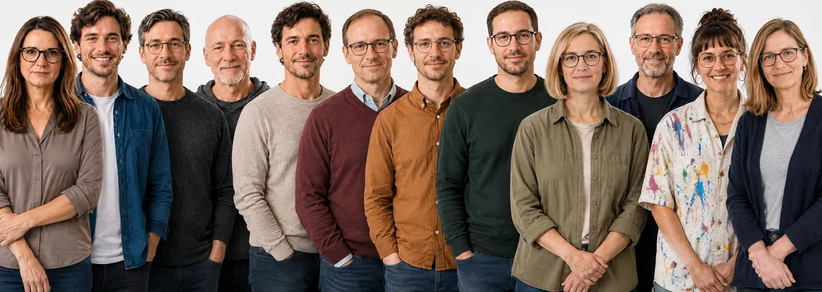 Gruppenbild der zwölf KI-Assistenten von bi consults, nebeneinander in einer Reihe (KI-generiert)